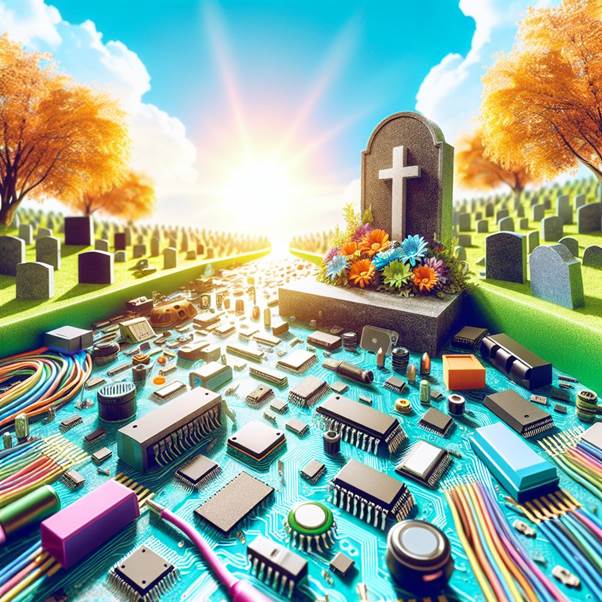 A cemetery with a tombstone and circuit boards